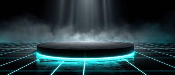 Futuristic neon grid floor with glowing circular platform and diagonal light beams