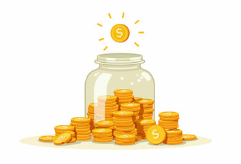 Illustration of a Glass Jar Overflowing with Gold Coins and a Floating Coin Highlighting Financial Growth and Savings Concept