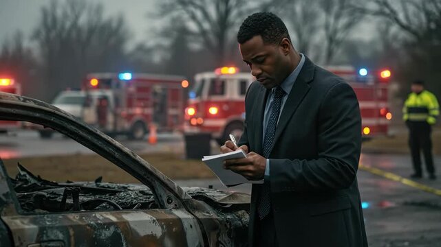african american detective writes notes near burnt car crash. fire trucks and emergency lights in background. accident investigation concept. news report, insurance claim.