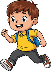 Cartoon boy running with backpack, yellow shirt, smiling face, energetic school character, flat vector illustration for education themes