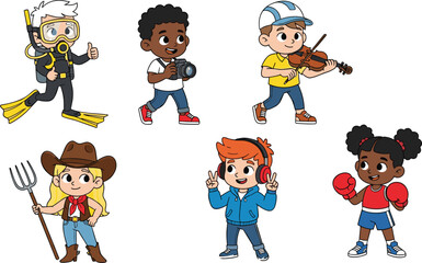Cartoon children in hobby outfits, scuba diver, photographer, musician, farmer, DJ, boxer, diverse interests, flat vector illustration