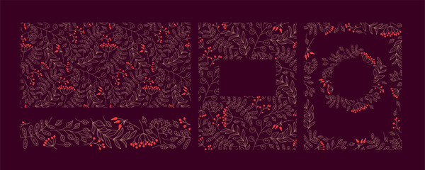 Natural seamless pattern, borders with red Berries, twigs. Floral winter vector Designs for wallpaper, wrapping, scrapbooking, card, invitation. Christmas backgrounds. Botanical doodle backgrounds