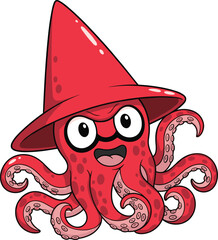 Cartoon squid wizard with red hat, glasses, tentacles, happy expression, magical sea creature character, flat vector illustration