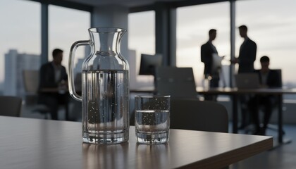 Glass jug and water glass on office table with blurred colleagues in meeting, highlighting hydration, wellbeing at work and subtle detail of corporate culture