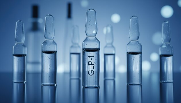 Glass ampoules labeled glp 1 standing in a row, symbolizing new injectable weight loss drugs and diabetes treatment reshaping modern healthcare trends