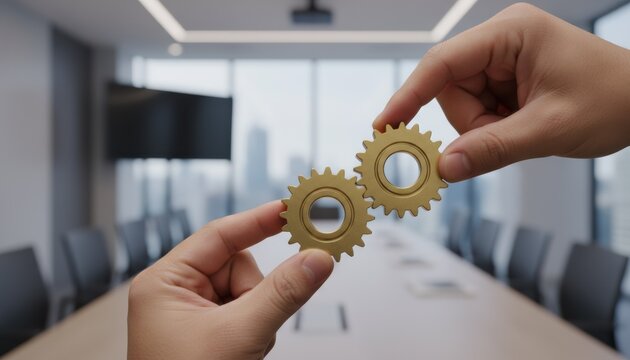 Two hands holding golden gears in a boardroom, symbolizing teamwork, partnership, business integration and strategy alignment to keep corporate system running - Powered by Adobe
