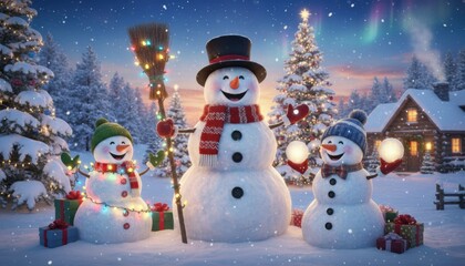 Happy snowman family with gifts, christmas tree and lights in snowy village at dusk, festive scene for winter celebration and holiday advertising