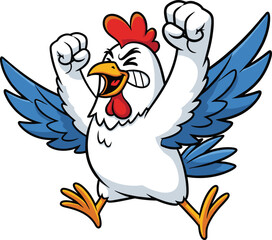 Triumphant cartoon chicken with raised wings, clenched fists, red comb, blue feathers, victory pose, flat vector illustration
