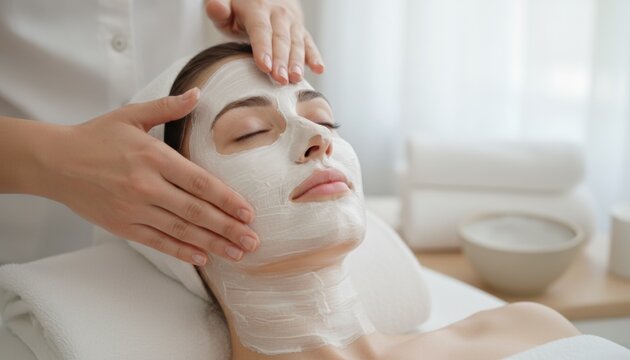 Woman relaxes in spa as therapist smooths white facial mask over skin and neck. Concept of beauty treatment, self care ritual and professional wellness escape