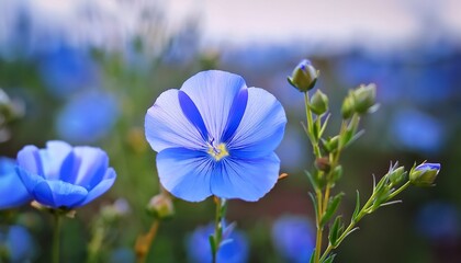Bright Delicate Blue Flower Of Ornamental Flower Of Flax And Its Shoot Against Complex Background Flowers Of Decorative Flax Agricultural Field Of Flax Technical Culture In Stage Of Active Flowering