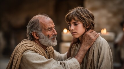 Samuel anointing young Saul by candlelight in a private chamber.