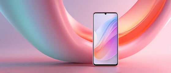 Modern abstract tech background with curved gradient shape and smartphone display