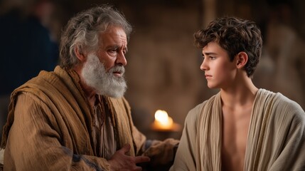 Samuel anointing young Saul by candlelight in a private chamber.