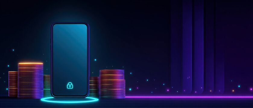 Futuristic crypto wallet with coin stacks, phone, and padlock on neon blue background