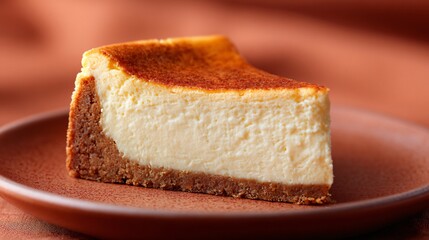 Cheesecake slice plated diagonally, solid terracotta background
