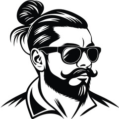 Confident Indian man showcases styled bun, beard and moustache with cool sunglasses in monochrome