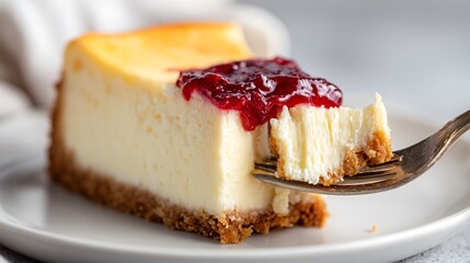 Close-up of fork lifting bite of cheesecake, soft background