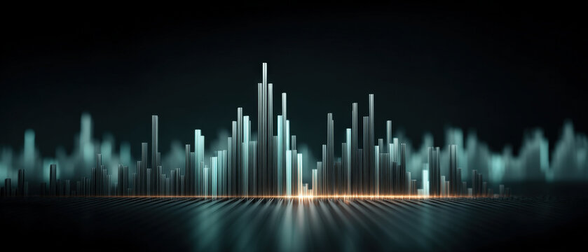 Thin shelf above abstract teal vertical bars resembling a financial chart on dark background
