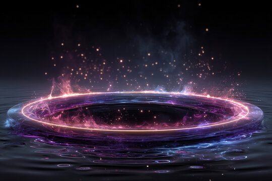 Neon-lit round pool with hovering disc glowing magenta and blue in dark fantasy scene