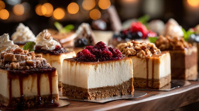 Festive dessert display with cheesecake slices and neutral props