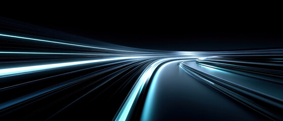 Futuristic stage with glowing parallel lines and raised shelf in navy and cyan tones