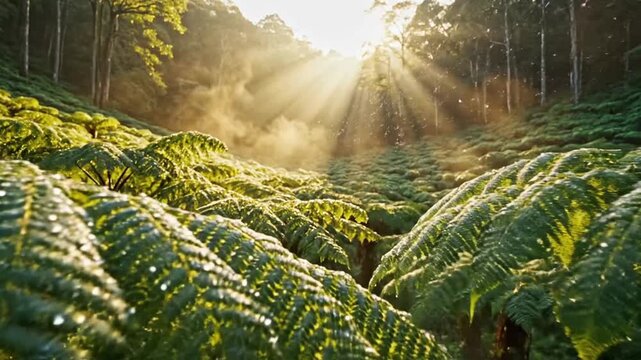 Sunlit fern forest with rays of light