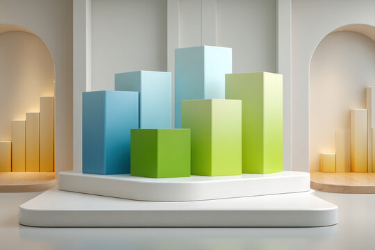 Minimal white rectangular platform with abstract blue and green bar chart wall