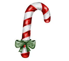 Fototapeta premium Red Christmas candy cane with a green bow. Winter element, watercolor illustration, hand-drawn
