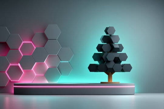 Futuristic Christmas tree made of glowing hexagons with neon lighting on gradient background