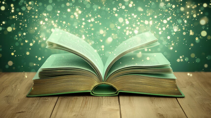 Open book with shimmering golden dust floating above it on a wooden surface.