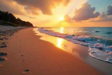 Fototapeta premium Sun-drenched golden sand stretches to the horizon, gentle waves lapping the shore Perfect for relaxation and escape; a tranquil beach scene at sunset , clouds, sunny, idyllic