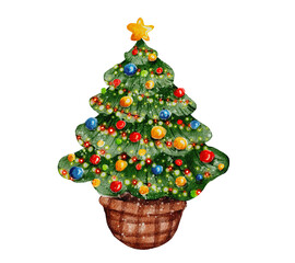 Christmas tree with garland watercolor illustration