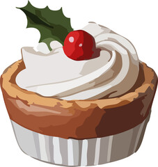 A small festive tart filled with creamy whipped topping and decorated with a glossy red berry and a holly leaf.