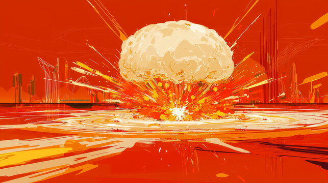 Fiery explosion engulfs a city skyline with a vibrant abstract and energetic visual style.