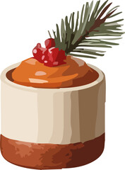 A creamy orange-tinted dessert in a two-tone cup, topped with bright red berries and a festive pine sprig.