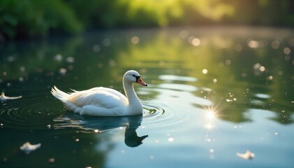 Fototapeta premium Serene landscape featuring a tranquil pond surface dotted with soft, floating feathers, sunlight reflecting gently Perfect for nature, serenity, peace, and tranquility themes , summer, bird