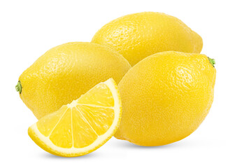 Group of yellow ripe lemons fruits with lemon slice isolated with clipping path.