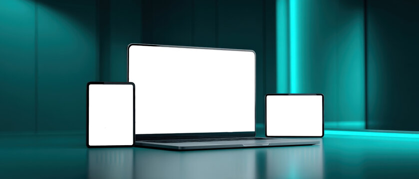 Modern tech workspace with laptop, tablet, and phone on reflective teal surface