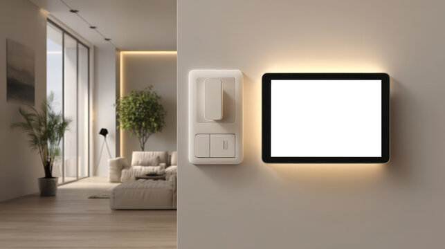 Modern minimalist living room with smart home tablet and thermostat on wall