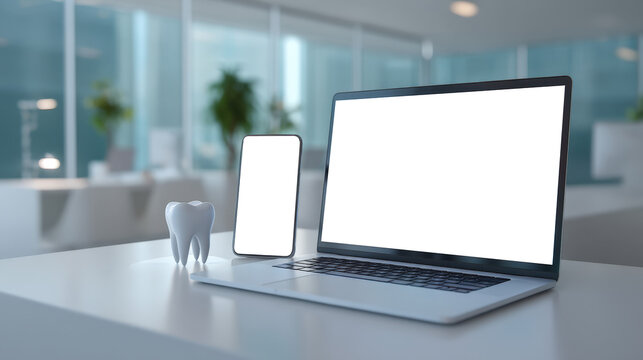 Modern dental SaaS dashboard with laptop, smartphone, and 3D tooth model on white desk