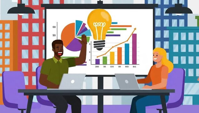 Business service. Moving banner with male entrepreneur speaking at business training session or discussing financial statistics with colleagues at meeting. Flat graphic animated cartoon 