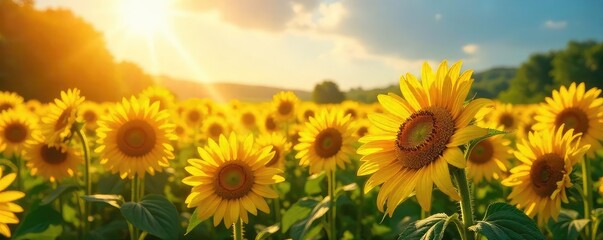 Obraz premium A vibrant field of sunflowers bathed in golden sunlight, a picturesque scene embodying pure, joyful beauty Perfect for concepts of happiness, summer, and idyllic landscapes , bloom, scenery