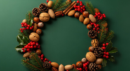A festive wreath adorned with natural elements, creating a seasonal ambiance. The wreath has various nuts, pine cones, and red berries, arranged against a green backdrop