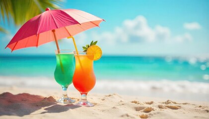 Relaxing beach scene with colorful cocktails in frosted glasses, under a vibrant umbrella, on a pristine sandy beach Perfect for summer vacation themes , holiday, sunny
