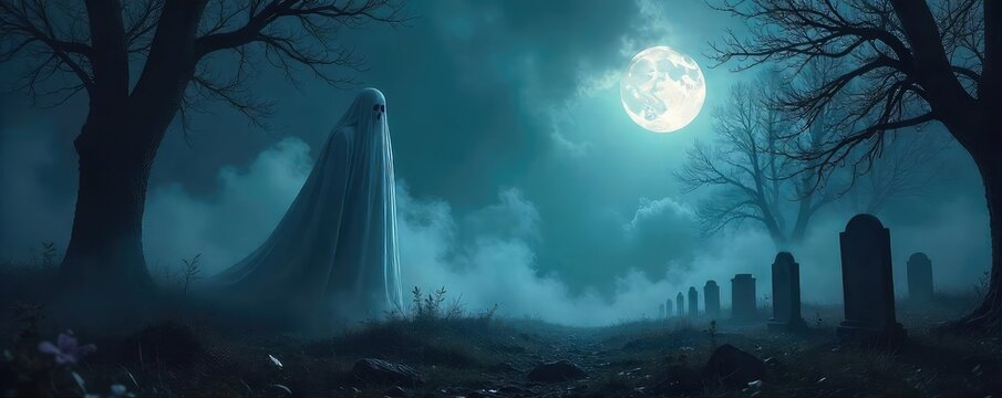 Eerie, translucent ghost figure floating amidst swirling fog and a moonlit graveyard Perfect for Halloween, spooky season, or supernatural themes , halloween prop, floating