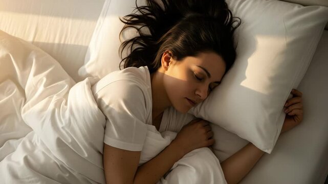 Mujer durmiendo pl&aacute;cidamente en la cama, concepto de recuperaci&oacute;n, salud y descanso reparador