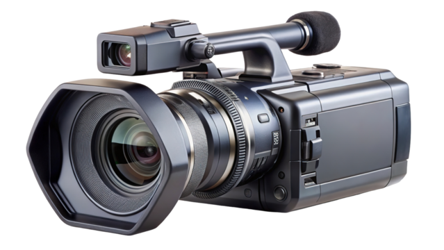 Professional digital video camera with large lens and microphone isolated on transparent background