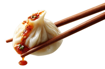 A piece of food with sauce on it is being held by chopsticks