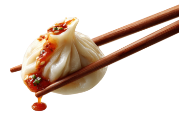 A piece of food with sauce on it is being held by chopsticks