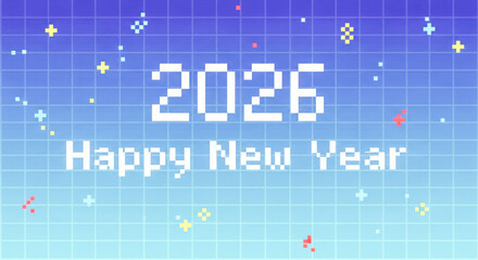 Happy new year 2026 pixel art digital celebration with retro grid and colorful confetti Vector